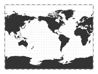Vector world map. Miller cylindrical projection. Plan world geographical map with latitude/longitude lines. Centered to 120deg E longitude. Vector illustration.