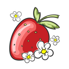 Flat cartoon strawberry print isolated on white background. Summer tropical hand drawn vector elements for nursery, prints and textile. Healthy fresh nutrition. Simple vector organic illustration