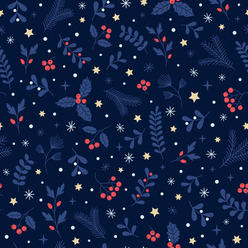 Seamless Christmas pattern with hand drawn decoration elements, holly, snowflakes, mistletoe. Ideal for backgrounds, wrapping paper, scrapbooking, decoration for greeting cards, invitations.