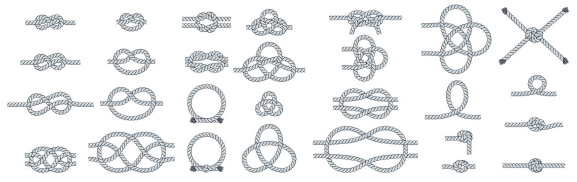 Set of rope knots. Nautical, travel and decorative loops. Twisted cord