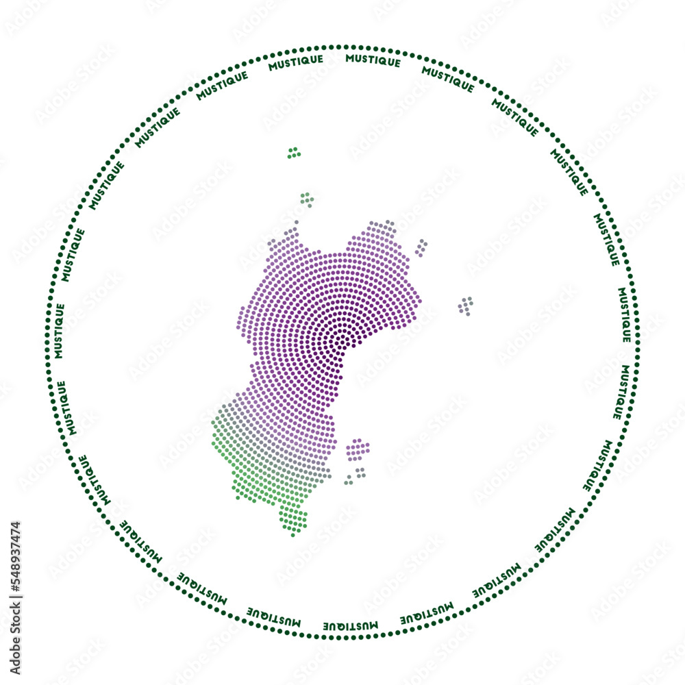 Poster mustique round logo. digital style shape of mustique in a dotted circle with the island name. tech i