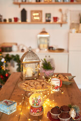 Kitchen christmas decor. Furniture and utensils. Christmas treat. New Year celebration. Winter holidays and vacations. Festive table.