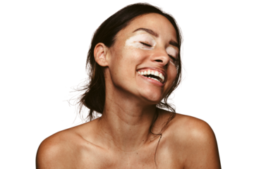 Happy woman with vitiligo isolated on a transparent background
