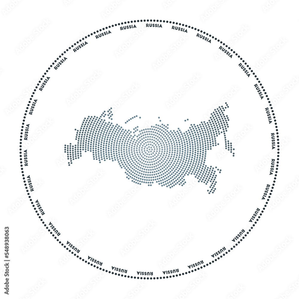 Poster russia round logo. digital style shape of russia in dotted circle with country name. tech icon of th