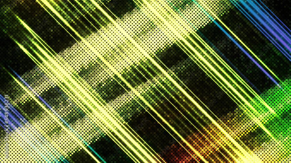 Poster yellow background. motion.bright blots with stripes in the animation that fly in different direction