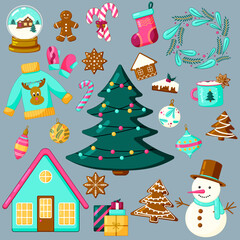 Christmas funny set of isolated elements. Flat cartoon vector illustration.