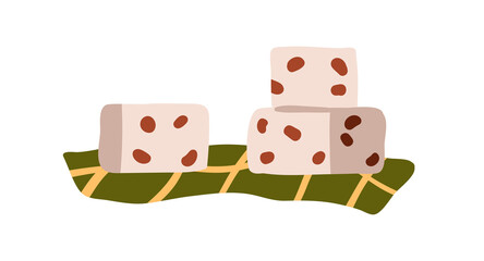 Turkish delight, lokum. Traditional candies, sweet sugar cubes. Oriental confectionery with nut and fruit pieces. Eastern dessert, confection. Flat vector illustration isolated on white background