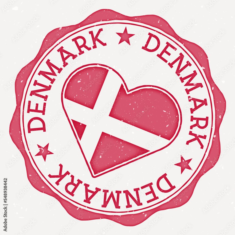 Poster denmark heart flag logo. country name text around denmark flag in the shape of a heart. neat vector 