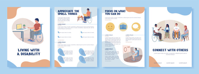 Living with disability flat vector brochure template. Booklet, leaflet printable flat color designs. Editable magazine page, reports kit with text space. Nerko One, Quicksand, Comfortaa fonts used