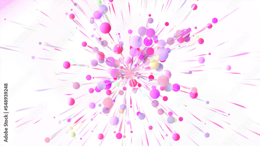 Poster white background. motion.a bright salute of pink and purple particles exploding in different directi
