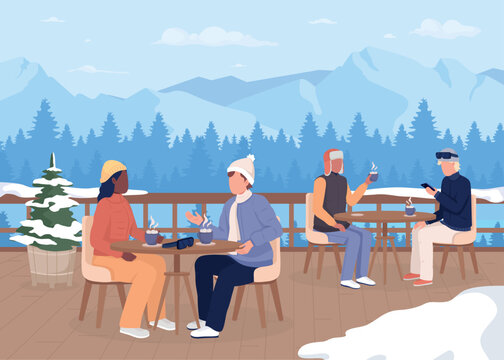 Dinner at ski resort flat color vector illustration. Drinking hot cocoa with marshmallows on veranda. Enjoying winter. Fully editable 2D simple cartoon characters with mountain landscape on background