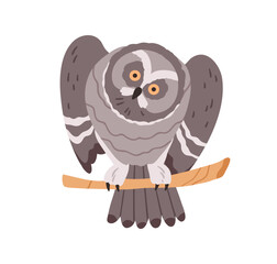 Cute curious owl looking with big bulging eyes. Funny night bird sitting on branch. Adorable birdie spreading wings, rotating head, watching. Flat vector illustration isolated on white background