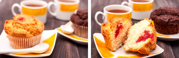 Cupcakes with tea on black wooden background