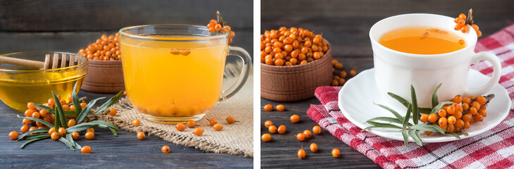 Tea of sea-buckthorn berries with a sprig on sackcloth and wooden background