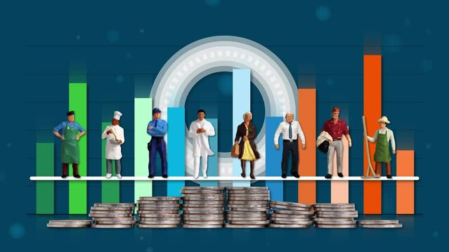 Bar graph and circle graph with a piles of coins. The concept of income disparity.
