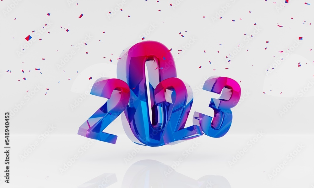 Poster 3d multicolor 2023 isolated on white background with abstract confetti. 3d rendering new year concep