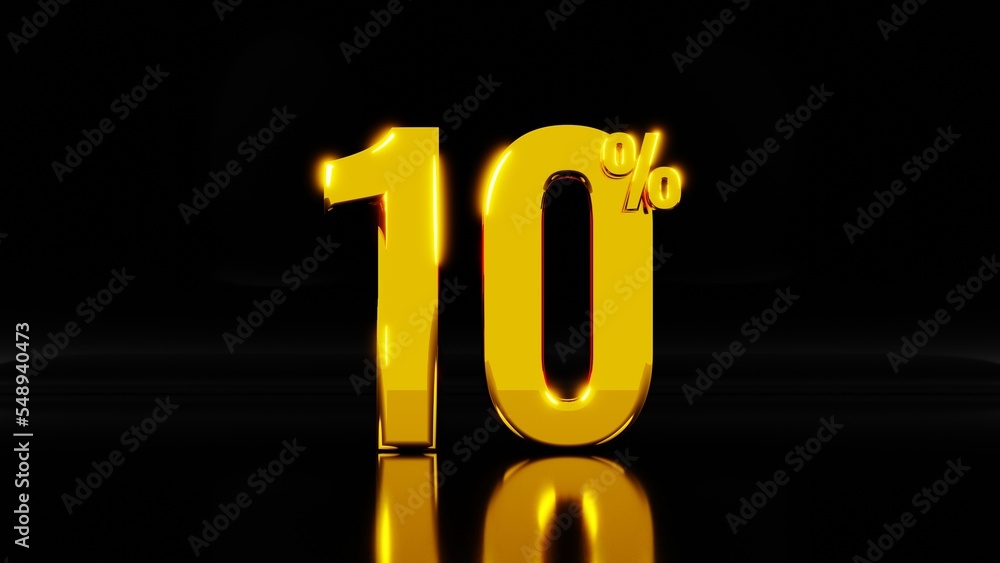 Poster gold 10 number with percent symbol isolated on dark background with reflection on the floor. 3d rend