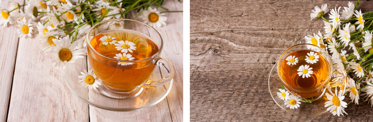 Herbal tea with fresh chamomile flowers on white wooden background