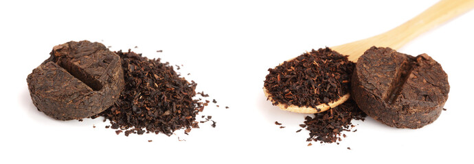 Round flat disc of puer tea isolated on white background. Pressed Chinese fermented Pu-erh tea