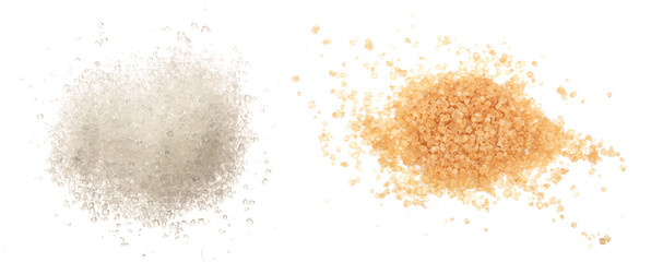Heap of granulated white and brown sugar isolated on white background. Top view. Flat lay