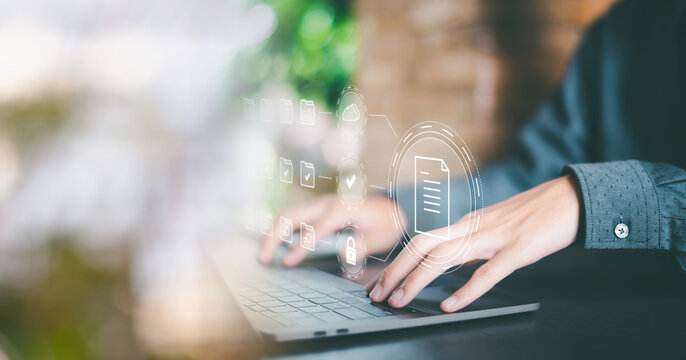 Business professionals are managing files and folders that store corporate data digitally through cloud, Document Management System,cyberspace technology concept , file management online storage