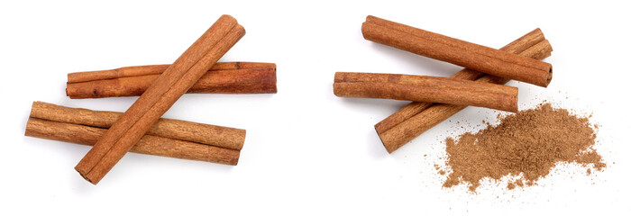 Cinnamon sticks isolated on white background. Top view