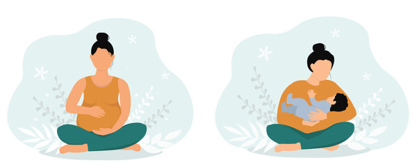 A pregnant woman, the expectant mother is sitting in the lotus position with crossed legs and a big belly. Female with a baby in her arms. Vector graphics.