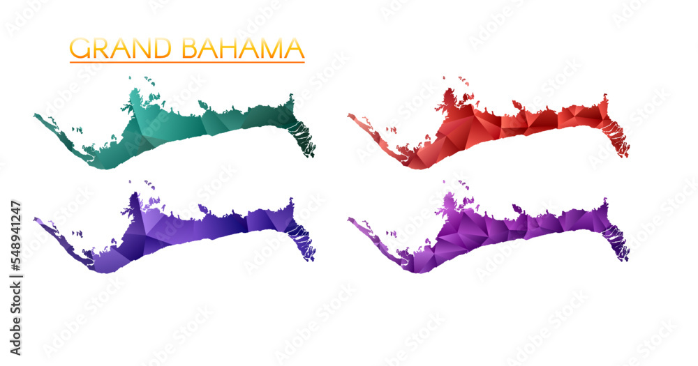 Poster set of vector polygonal maps of grand bahama. bright gradient map of island in low poly style. multi