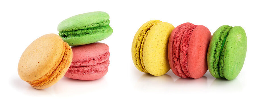 colorful macaroons isolated on white background closeup
