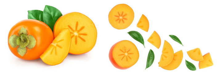 persimmon slice with leaves isolated on white background with copy space for your text. Top view. Flat lay pattern