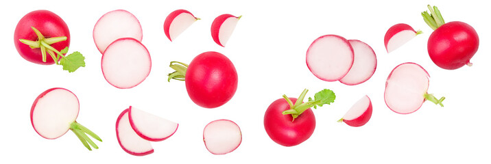 Set of fresh whole and sliced radish isolated on white background. Top view