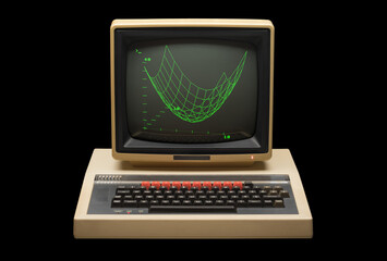 1980s personal computer with monitor frontal view against a black background