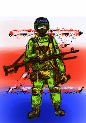 a Russian soldier on the background of the national flag. 