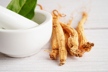 Ginseng roots and green leaf, healthy food.