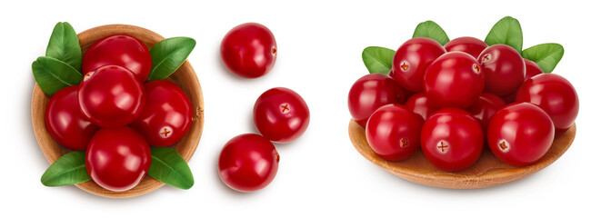 Cranberry in wooden bowl isolated on white background with full depth of field, Top view. Flat lay