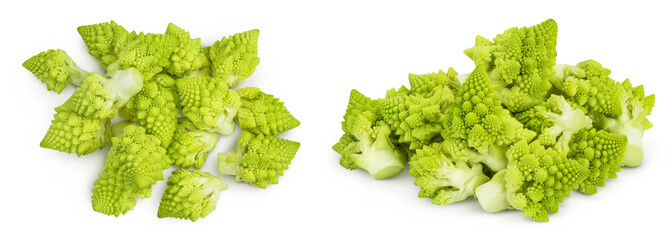 Romanesco broccoli cabbage or Roman Cauliflower isolated on white background with . Top view. Flat...