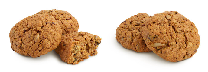 oatmeal cookies with flax, pumpkin and sunflower seeds isolated on white background with full depth of field