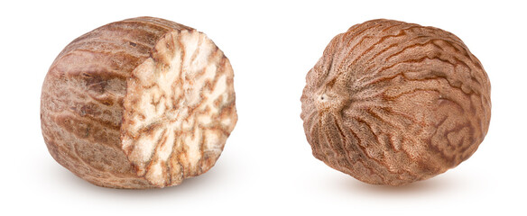 nutmeg isolated on white background macro. Set or collection