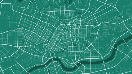 Dark green Shenyang city area vector background map, roads and water illustration. Widescreen proportion, digital flat design.