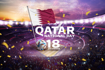 Fifa world cup 2022 celebration winning trophy with stadium Happy New Year 3d rendering illustration.