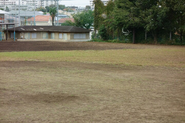 Obraz premium 都市近郊の空き地が広がっている公園の緑の芝生とグラウンド