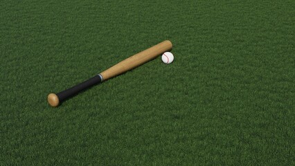 Fototapeta na wymiar 3D render - a ball and a baseball bat lie on a green lawn