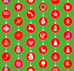 Green red Christmas seamless craft wallpaper with decorative garland with Xmas star, angels, bunny, jingle bell, gift, reindeer, gingerbread, candy, candle, snowman, poinsettia flower, snowy firs