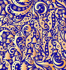 Navy blue vintage Christmas seamless wallpaper with gold abstract floral pattern with snowflakes, star, fir and crescent