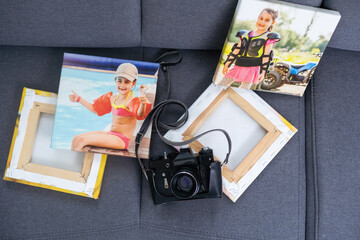 Canvas print. photo with gallery wrap method of canvas stretching on stretcher bar. Sample of stretched color photograph printed on canvas, lateral side, closeup.