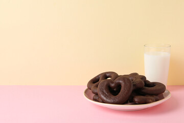 Concept of tasty bakery, gingerbread cookies in chocolate, space for text