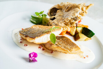 Fried fish fillet, Atlantic cod with vegetables