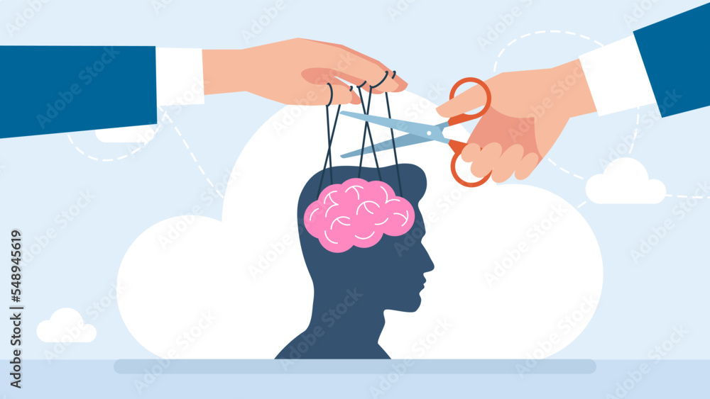 Poster freedom from manipulation, propaganda. puppet master controlling man's mind. puppeteer loses control