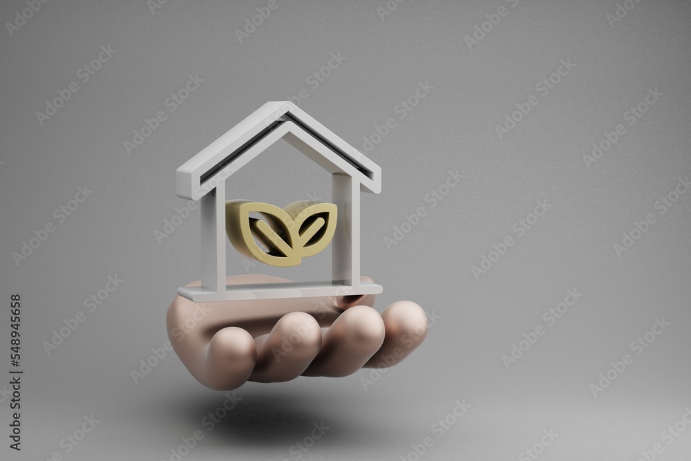 Leinwandbilder Beautiful abstract illustrations Golden Hand Holding house clean energy symbol icon on a gray background. 3d rendering illustration. Background pattern for design. Save Ecological..