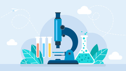 Simple microscope. Tools for chemical and biological research. Search for drugs and optimal formulas. Concept of science, scientific research, medicine, biology, laboratory. Flat Vector illustration.